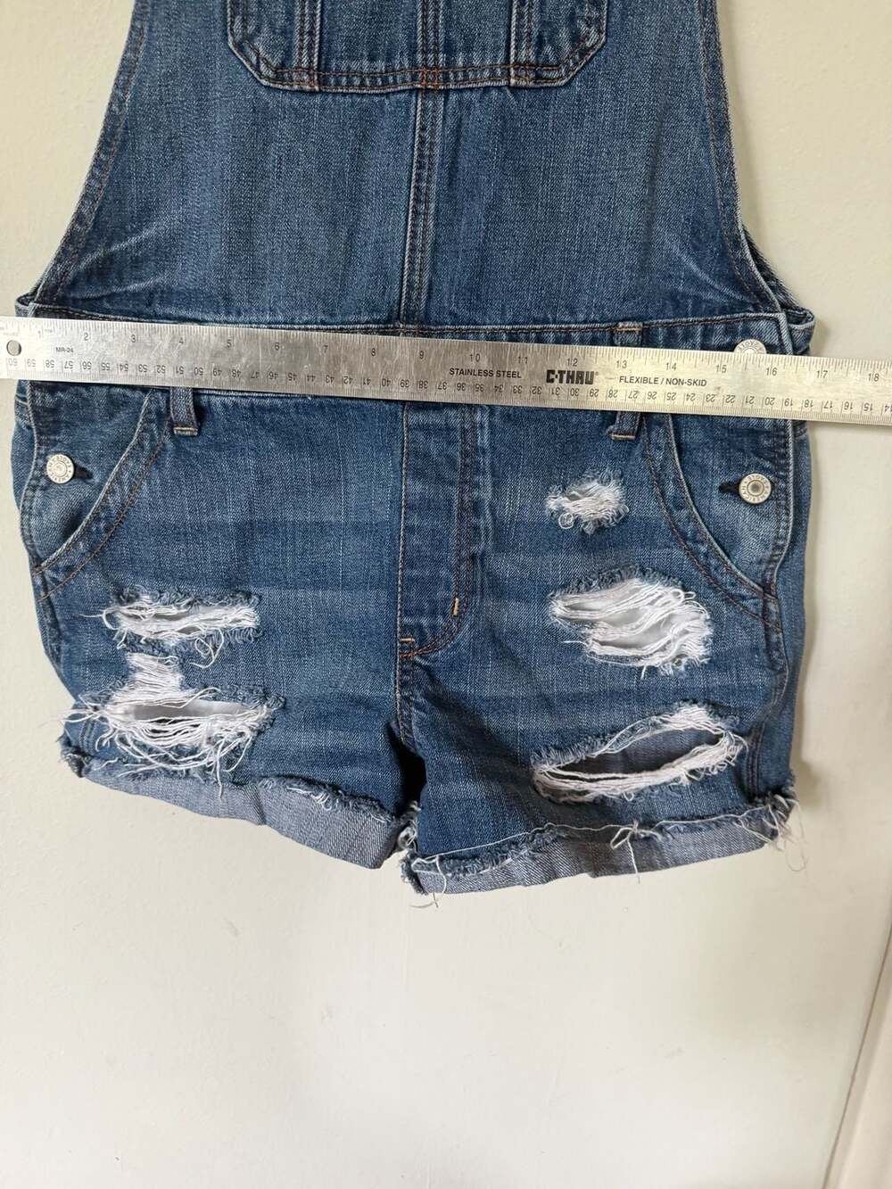 American Eagle Women's Distressed Denim Shortalls Overalls - Picture 3 of 7